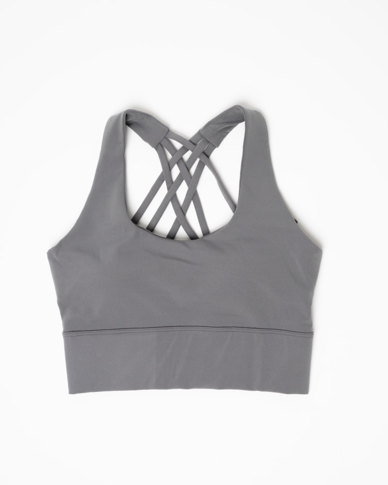 Front of a size XXL Crisscross Crop Sports Bra in Grace Grey by Gold Elite Apparel. | dia_product_style_image_id:284811